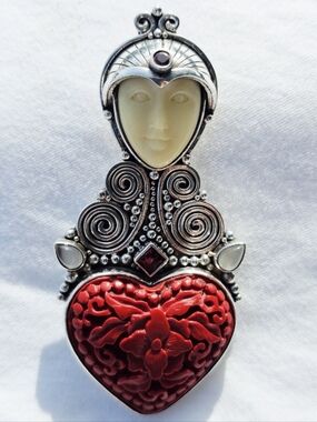 Vintage Sajen .925 Sterling  Balinese Goddess Carved Cinnabar Pendant Brooch